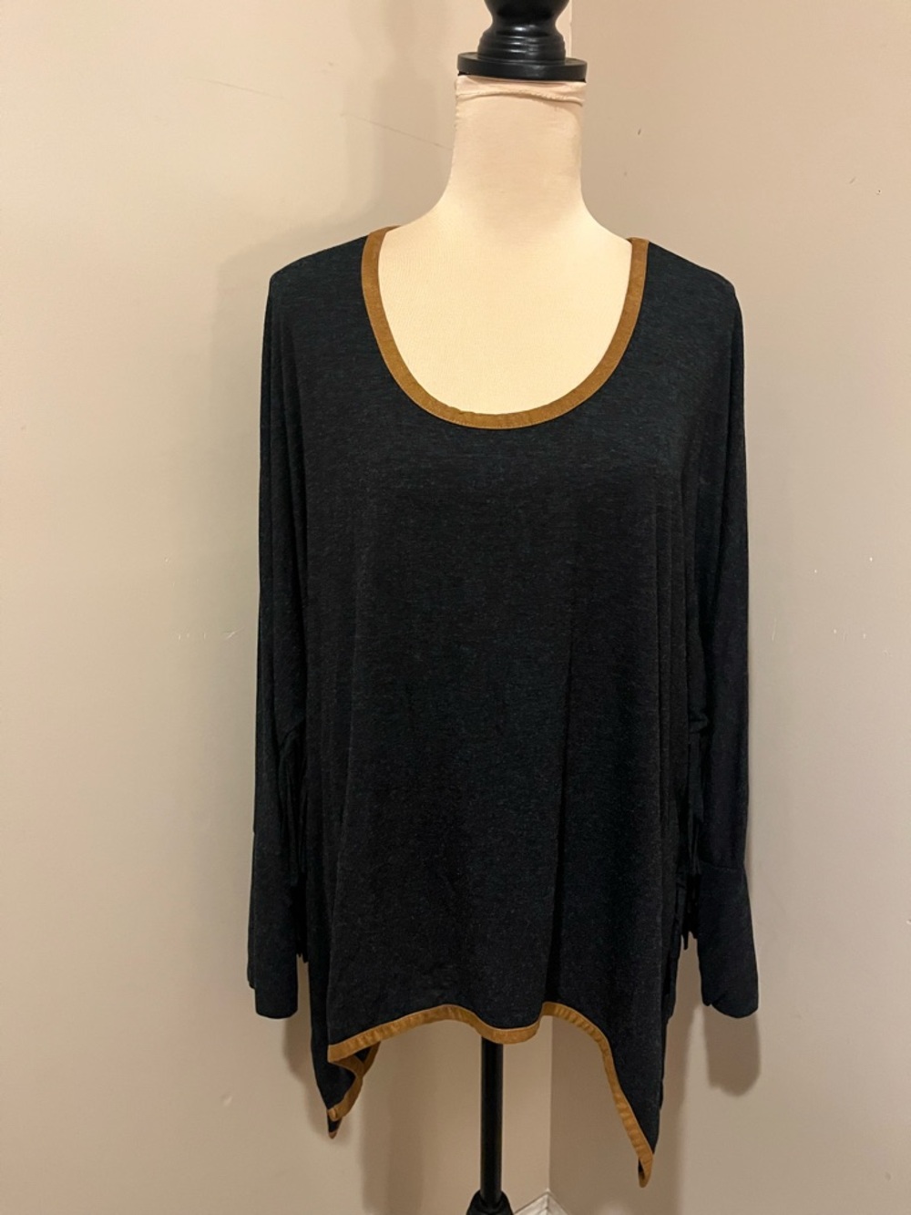 Tasha Polizzi Black Long Sleeve Scoop Top, Tan Trim Black Fringe, XL